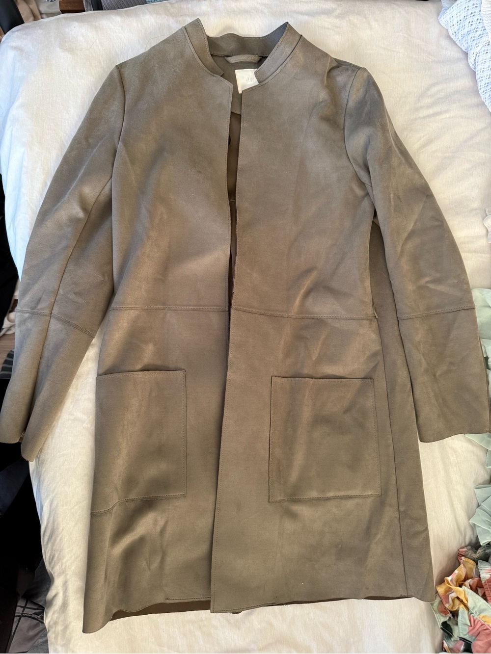H&M Taupe Suede-Look Collarless Trench Coat